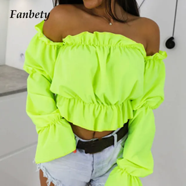US $5.74 Fanbty 2019 Candy Color Off Shoulder Crop Tops women Summer dot print lantern sleeve shirts Lady Se