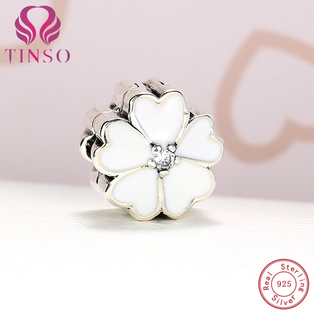 

100% Authentic 925 Sterling Silver White Flower Charm Clips Beads Fit Pandora Charm Bracelet DIY Original Silver Jewelry Making