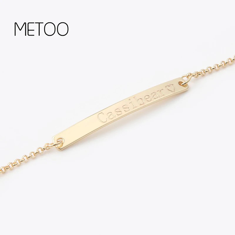 

METOO Personalized Girl Bracelet Baby Copper Custom Name Numbers Engraved Bracelets Gold Chain Link Bar Bracelet Baby Jewelry