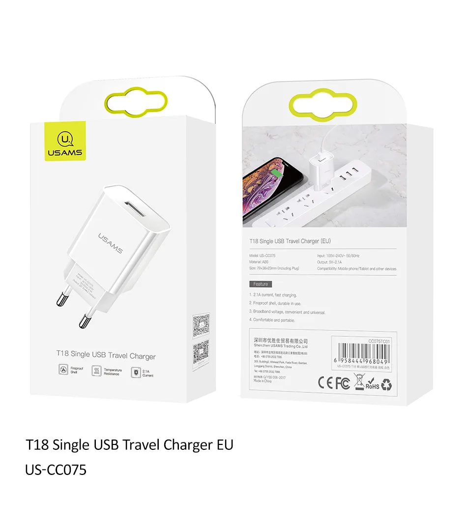 USAMS USB зарядное устройство Быстрая зарядка настенное зарядное устройство для iPhone X iPad 2.1A EU US переходник для samsung Xiaomi зарядное устройство для мобильного телефона