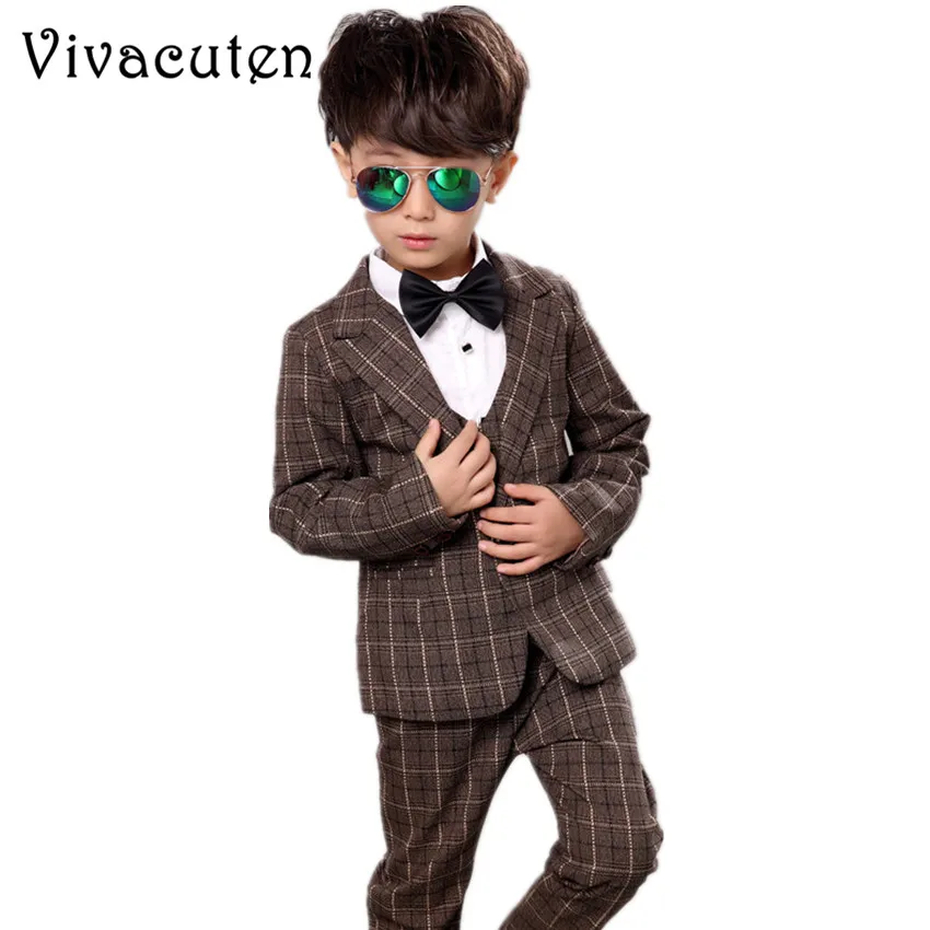 

New Brand Boys Plaid Wedding Suit Fashion England Style Gentleman Boys Formal Suit Kids Blazer Vest Pants 3pcs Clothing Set F018