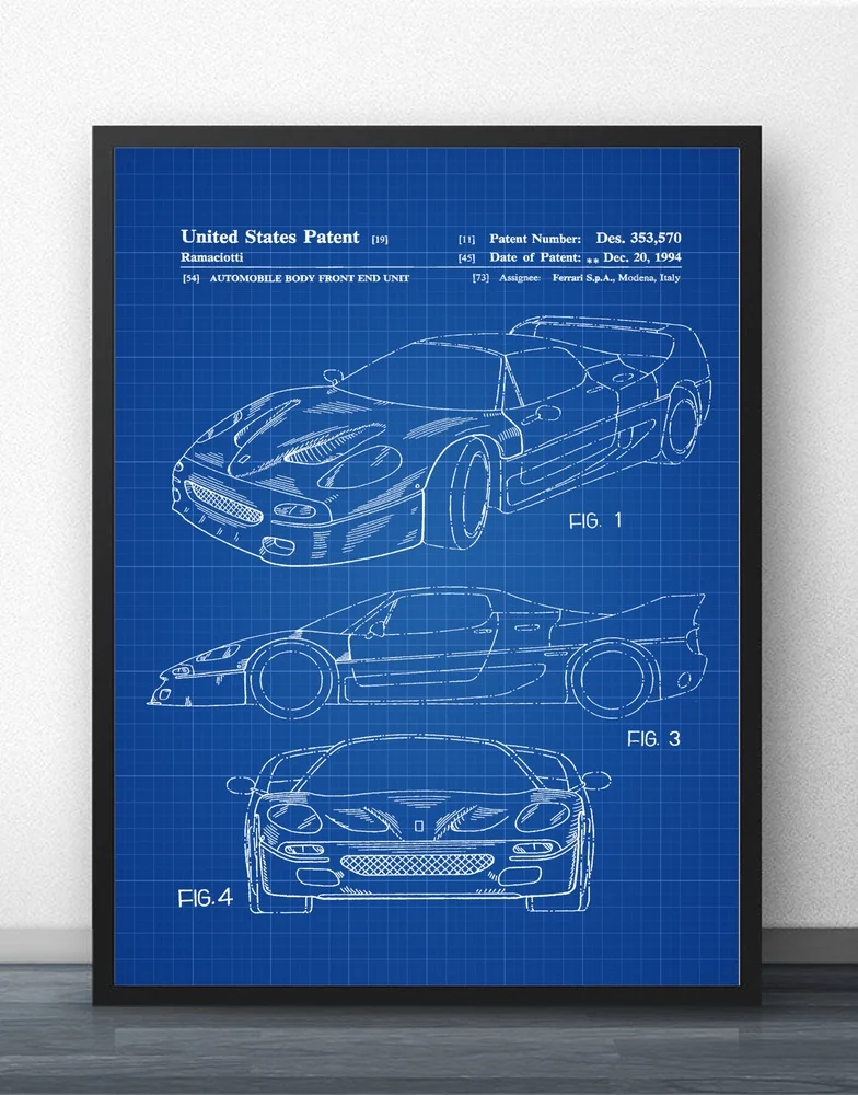 1994 Ferrari F40 Patent Blueprint Wall Art Paint Wall Decor Canvas Prints Canvas Art Poster Oil Paintings No Frame