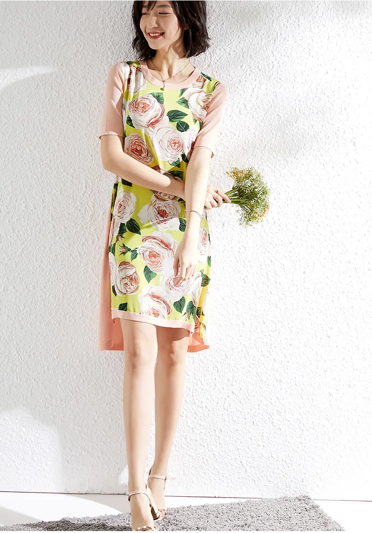 

PIXY Camellia Floral Print Silk Dress Short Sleeve Midi Ice Silk Knit Dresses Casual Yellow sukienki Loose Black za ropa mujer