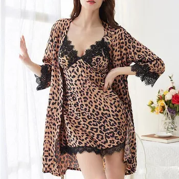 

feitong Women Pajamas Sleepwear Nightdress 2019 Sexy Lace Lingerie Bathrobe Leopard Print Pajamas Women Sleepwear Pijama Mujer