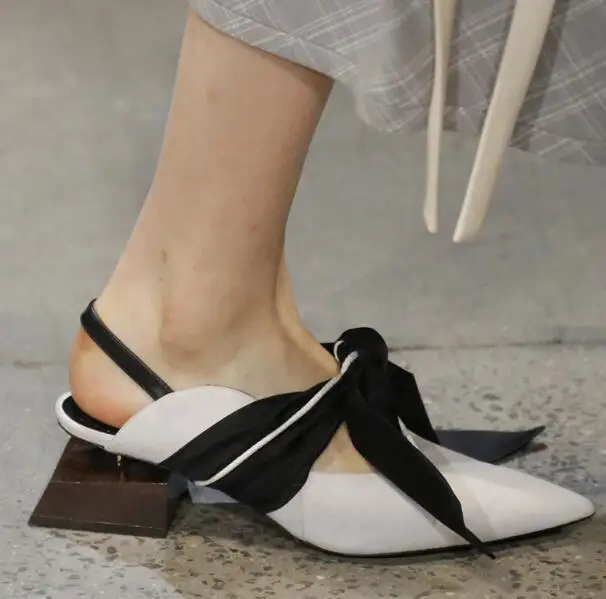 

Autumn New Brand Women 55 mm Strange Heel Pointed Toe Big Bow Tie Elastic Band Slingback Casual Comfortable Pumps Plus Size 42