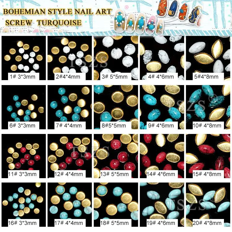 

40pcs/lot Bohemian stype round Marquise Stone screw Turquoise Metal Alloy Manicure Nail Art Decorations Stickers