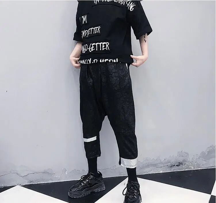 M-xl! Diablo Дизайнерские летние штаны черного и белого цвета с вышивкой в стиле хип-хоп, брюки-шаровары с семью точками