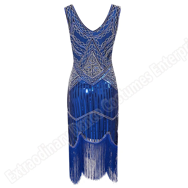 Женское вечернее платье 1920 s Great Gatsby Flapper Vestidos с блестками и бисером, платье с бахромой, вечернее платье с v-образным вырезом, украшенное бахромой, без рукавов - Цвет: Blue