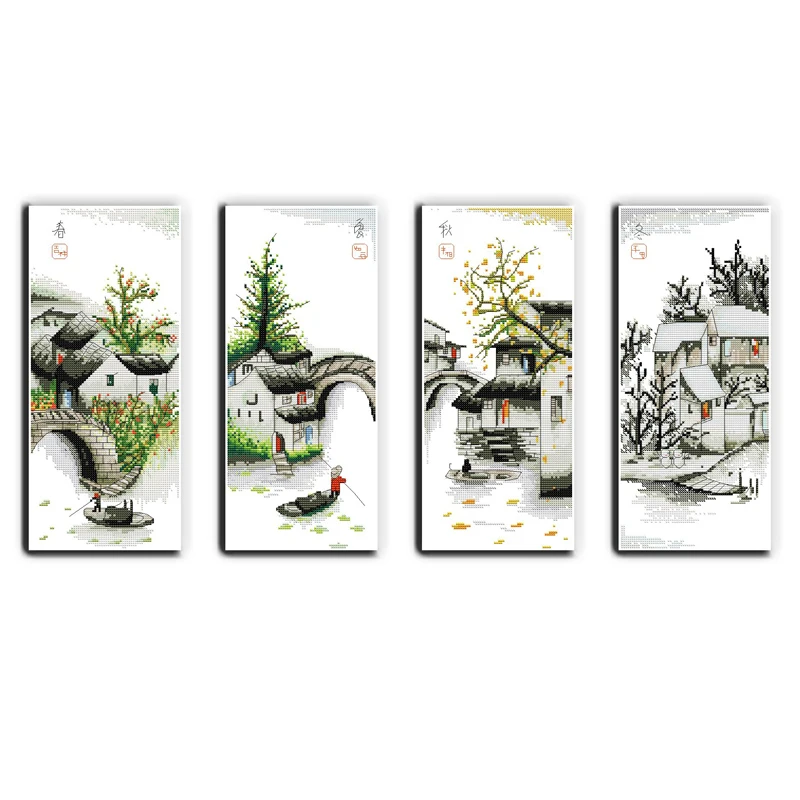 NKF Four Seasons In Water Village Stamped Canvas Cross Stitch Patterns Charts Chinese for Home Decoration | Дом и сад