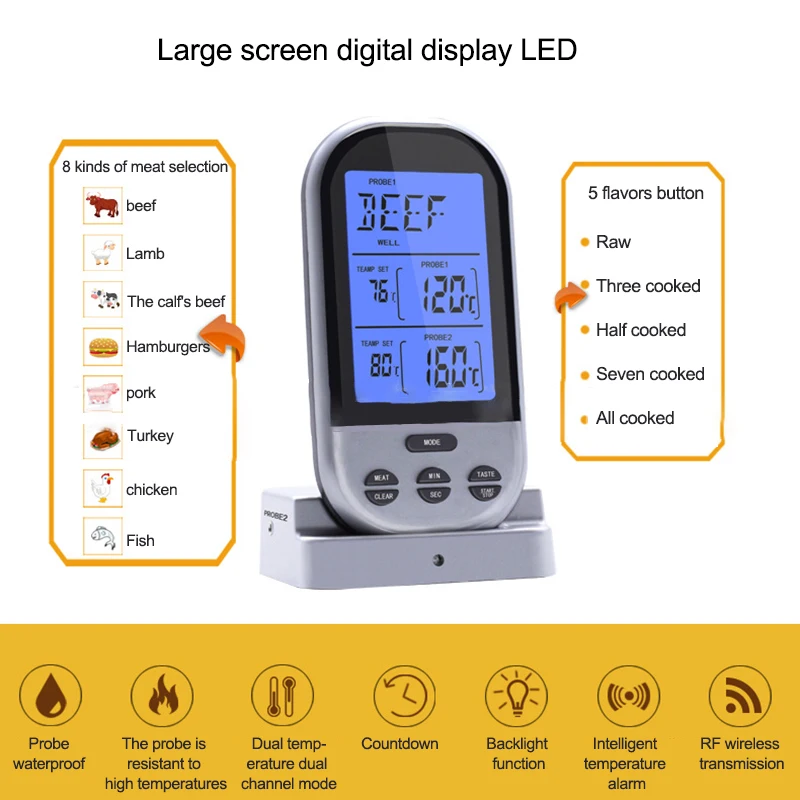 RF беспроводной термометр для пищевых продуктов обновление двойные зонды цифровой таймер температуры сигнализация печь барбекю гриль мясо Кухонный Термометр