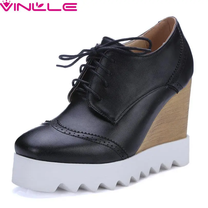 

British Style Wedges High Heel  Women Pumps Round Toe Pu Soft Leather Platform Shoes Woman Spring Party Shoes Size 34-39