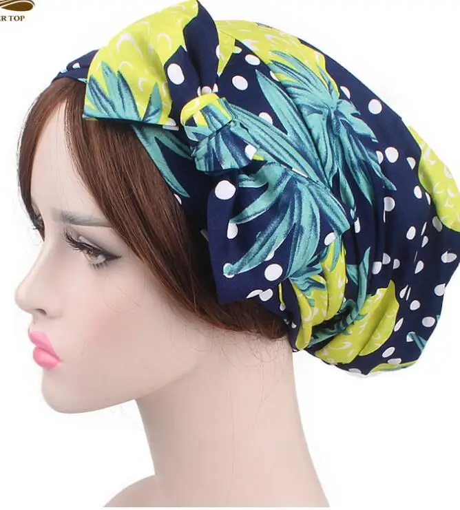 Новые Цветочные Летние праздничные женские банданы, хлопковый головной шарф, кепка chemo, повязка на голову, повязка на голову, шапка для выпадения волос, чалма с бантиком - Цвет: pineapple
