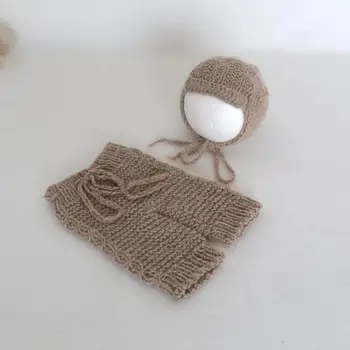 

Vintage Newborn Hat and Pants Set Knitted Baby Angora Wool Outfit Beige Newborn Bonnet Set Knitted Baby Clothes Photography Prop