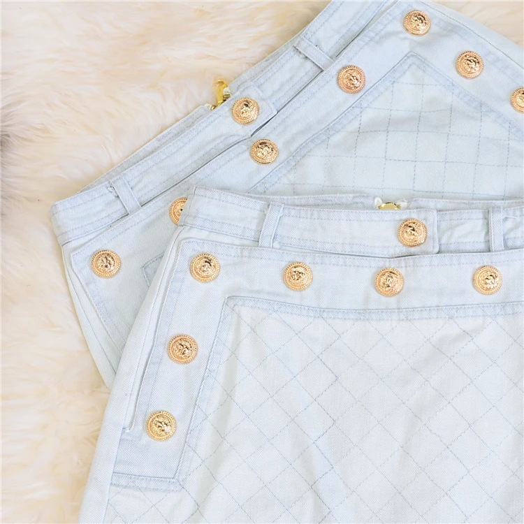 Новая Мода Взлетно посадочной полосы дизайнерская юбка Женская Металл Лев пуговицы украшенные мини джинсовая юбка