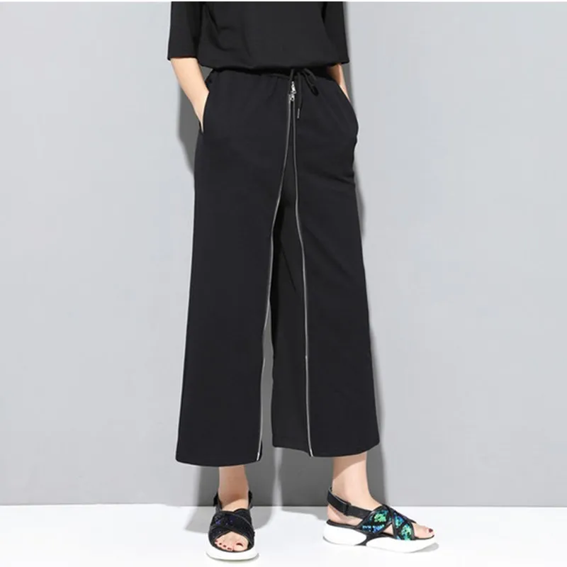 

Summer 2019 wide leg pants women zipper fake two pieces black loose casual ladies trousers pantalon femme fashion streetwear