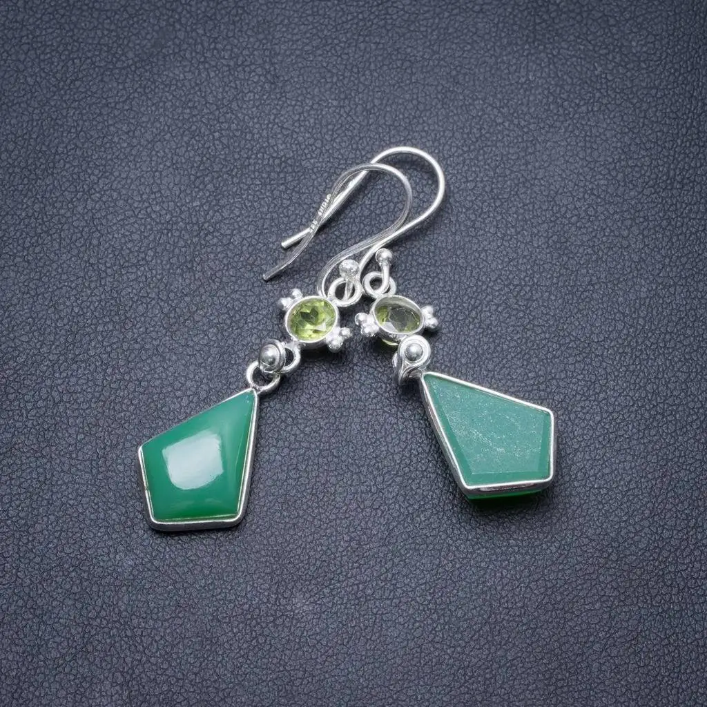 

Natural Chrysoprase and Peridot Handmade Unique 925 Sterling Silver Earrings 1 3/4" Y2364