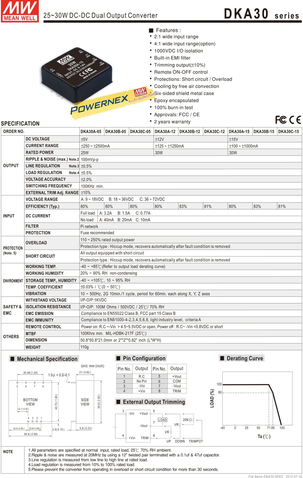 [Powernex] означает хорошо dka30a-12 12 В 1250mA Meanwell dka30 12 В 30 Вт dc-dc регулируется двойной Выход конвертер