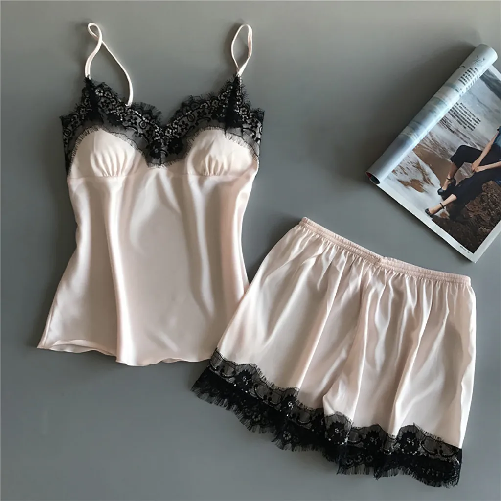 

Sleep Wear Womens Sexy Satin Sling Sleepwear Nightwear Sleeveless Lingerie Lace Patchwork Pajama Women's Clothing 18DEC27