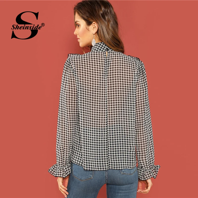 Sheinside Black and White Office Ladies Blouses Women Long Sleeve Plaid Shirt Ruffle Detail Mock Neck Casual Tops Elegant Blouse