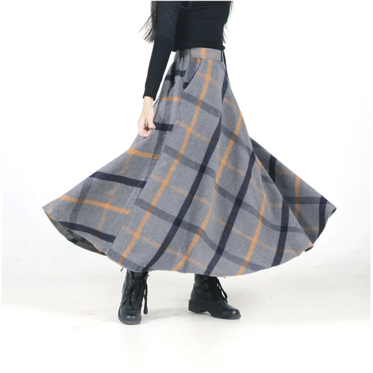 Женская винтажная шерстяная юбка макси Классическая плотная теплая клетчатая в