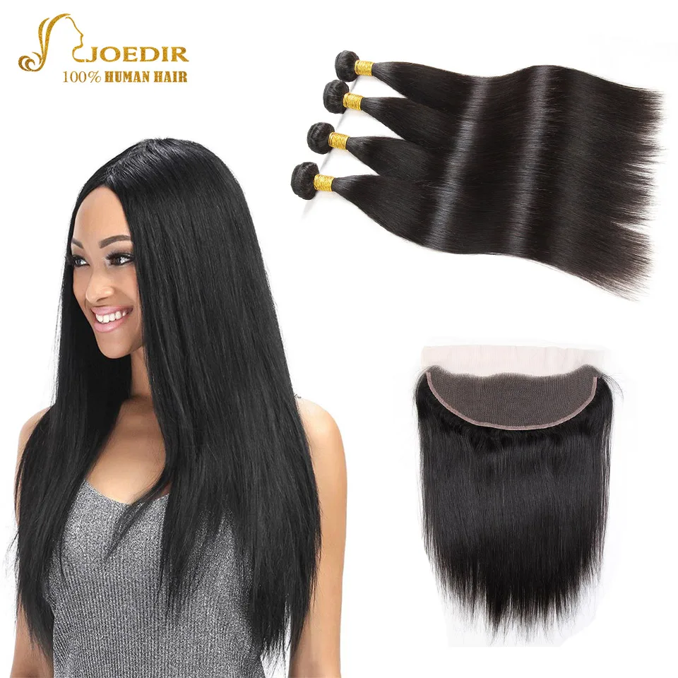 Joedir Indian Straight Weave with Closure Natural Black Free Part Human Hair Bundle Frontal 4 Bundles | Шиньоны и парики