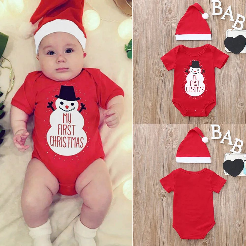

2019 Fashion Baby Set 2PCS Christmas Toddler Baby Cartoon Snowman Letter Print Romper+Hat Set Outfit Baby Clothes Drop Shipping