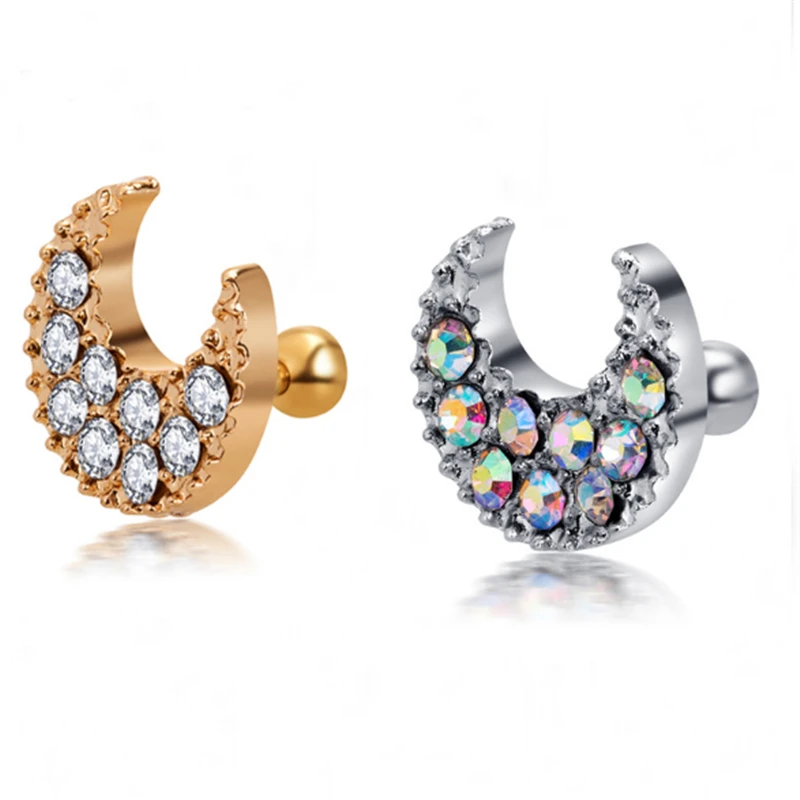 1 Piece New Simple Gold Color Stainless Steel White Crystal Stud Earring for Women Helix Ear Piercings Fashion Jewelry | Украшения и