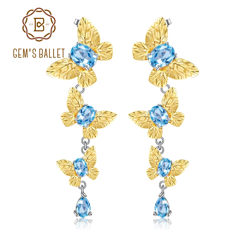 

GEM'S BALLET 925 Sterling Silver Original Handmade Butterfly Drop Earrings Natural Swiss Blue Topaz Gemstones Earrings for Women