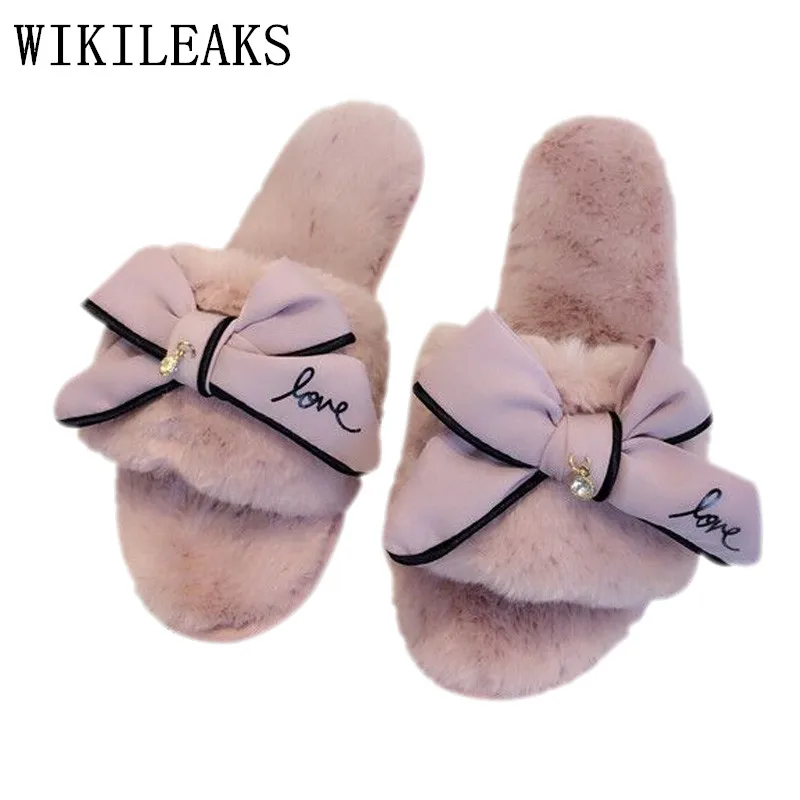 

sandalias rasteiras femininas 2018 butterfly-knot crystal women shoes mules home slippers fur slides zapatos mujer black terlik