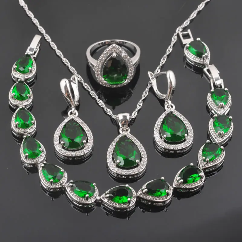

FAHOYO Green Zirconia Water Drop For Women 925 Sterling Silver Jewelry Sets Bracelet Necklace Pendant Earrings Ring QS0106