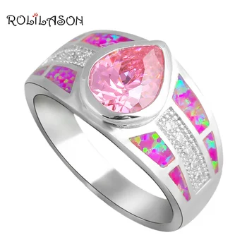 

ROLILASO femme Pink Fire Opal stamped Silver Ring for women USA Sz #6#7#7.5#8#9 Pink Cubic zirconia Fashion Jewelry OR660