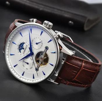 

44mm Corgeut White dial with blue hands moon phase week&date adjust display Multifunction Automatic movement men's watch P203