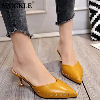 

Women Summer Mules Slippers High Heels Ladies Rivets Pointed Toe Strange Style Female Outside Shoes For Girls Drop Shipping