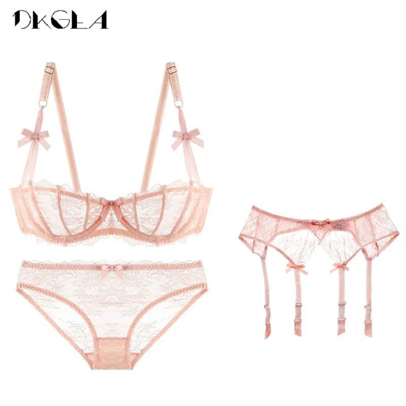 Beste Borduurwerk Lingerie Set Vrouwen 1 2 Cup Wit Sexy Bh Set 3 Stuk Beha + Slipje + Garter Lace Brasserie Transparante ondergoed Set