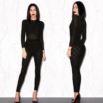 

Sexy High Quality Long Sleeve Black Hollow Out Bandage Jumpsuit Cocktail Party Jumpsuit