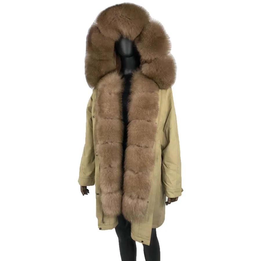 Tanie Luksusowy płaszcz z prawdziwego futra nowa moda kobieta prawdziwy królik futrzana podszewka Parka duże ciepłe futro lisa z kapturem płaszcz znosić kurtka zimowa