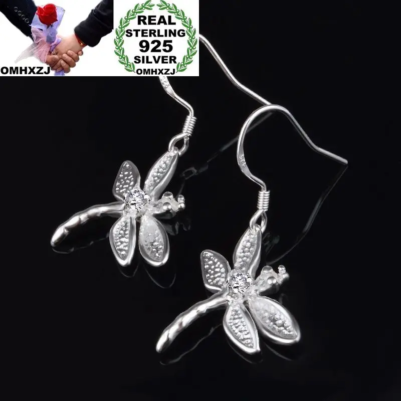 

OMHXZJ Wholesale Personality Fashion OL Woman Girl Party Wedding Silver Dragonfly 925 Sterling Silver Earrings YE479