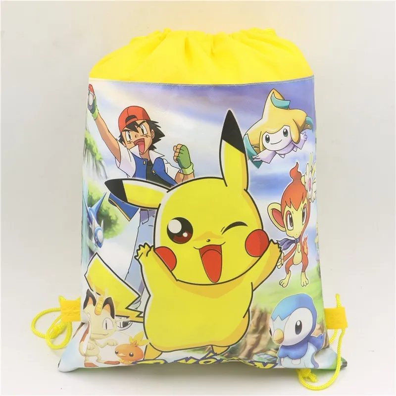 

Hot Cartoon Pokemon Go Non-Woven Fabric Backpack Drawstring Bags Baby Birthday Party Decoration Favors Gift Bag for child 10pcs