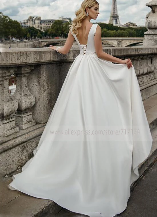 Атласное свадебное платье без рукавов с v-образным вырезом и аппликацией из бисера на поясе, свадебное платье с коротким шлейфом, vestido de novia