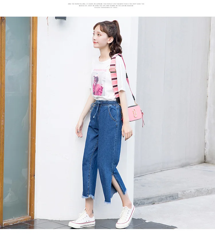 

Women Jeans 2019 Summer High Waist Loose Wide Leg Denim Jean Fashion Side Split Up Ladies Casual Jeans Ankle Length Thin Design