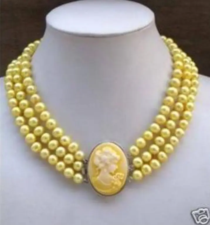 

3Row Yellow Pearl Necklace Cameo Beauty Clasp 7-8mm