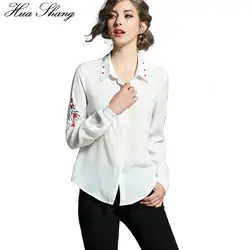 Hua Shang Cotton Embroidery Female Shirt Women Long Sleeve Blouse OL Style Ladies Work Office White Chiffon Blouse Tops Blusas