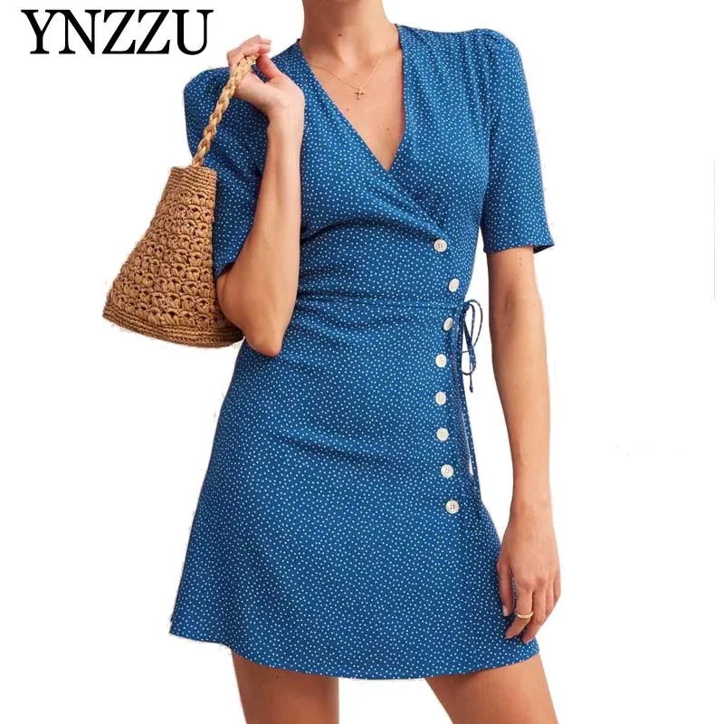 

YNZZU 2019 Summer short sleeve V neck single-breasted women dress Causal high wasit vintage Polka dots print hoilday dress YD246