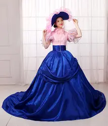 Настоящее Королевский синий цвет розовый Bowknt суд бальный наряд с шляпа Средневековом Платье эпохи Возрождения королева викторианской