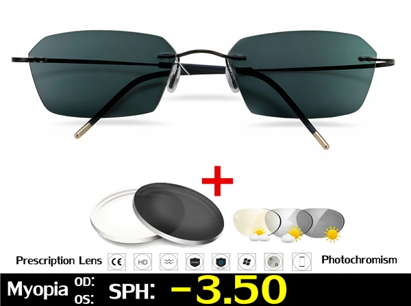 Без оправы Титан очки, оправа, фотохромные очки для близорукости Для мужчин Для женщин Хамелеон очки с диоптриями-1,0 1,5 2,0 2,5 3,0 - Цвет оправы: Black Myopia -3.50