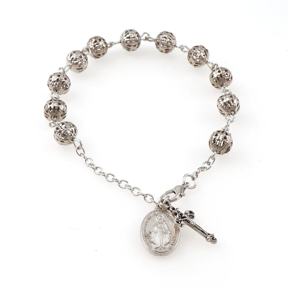 Bracelet Jewelry 6mm Holle Rozenkrans Catholic Religious Rosary Jesus Charm Hollow Bead Rose Bracelet Cross