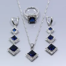 Очаровательный 925 серебряный цвет синий циркон набор украшений для женщин серьги кольцо подвеска Ожерелья Цепочка подарочная коробка T41