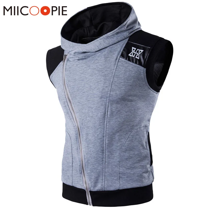 

Brand Clothing Men Hoodies Sleeveless Vest Male Hooded Hoodie Sweatshirt Leather Patchwork Bodybuilding Zipper Jacket Vest