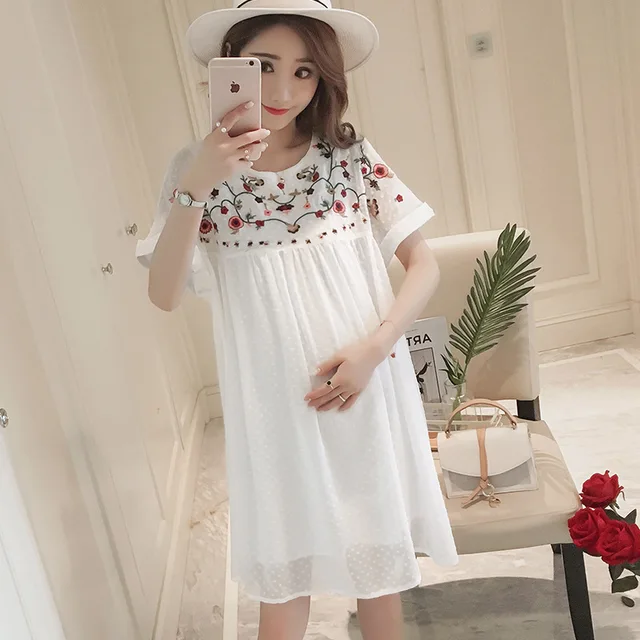 Pregnant woman dress female summer new embroidery flowers round neck Pregnant woman dress female summer new embroidery flowers round neck