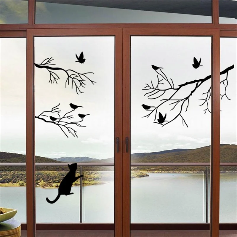 artistic tree birds cat wall sticker 2